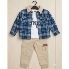 J15604: Boys Bench Sherpa Lined Check Shacket, T-Shirt & Cargo Pant Outfit (2-6 Years)